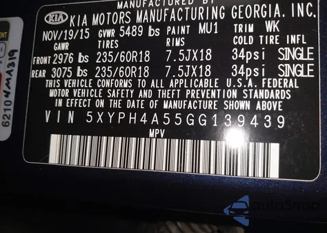 2016 Kia Sorento 3.3L Ex z USA, uszkodzony, nr VIN 5XYPH4A55GG139439